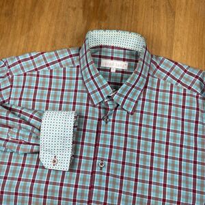 Jared Lang Long Sleeve Button Down Shirt Men's M Blue/Red Plaid Flip Cuff Roll